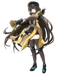 1girl absurdres aiming aiming_at_viewer bare_shoulders black_gloves black_hat black_skirt breasts brown_hair finger_gun full_body girls&#039;_frontline girls&#039;_frontline_2:_exilium gloves hand_up hat heterochromia highres holding holding_megaphone jacket long_hair medium_breasts megaphone miniskirt multicolored_hair off_shoulder open_clothes open_jacket pleated_skirt red_eyes ro635_(girls&#039;_frontline) robella_(girls&#039;_frontline_2) skirt smile solo standing streaked_hair thighhighs thighs two-tone_hair vertical-striped_sweater very_long_hair white_hair yellow_eyes yellow_jacket zanlyu
