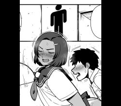 Rule 34 | 1boy, 1girl, aki (amazon), amazon (taitaitaira), bathroom, blush, blushing female, bouncing breasts, breasts, breasts out, closed eyes, dark-skinned female, dark skin, faceless, faceless male, hair ornament, hairclip, medium hair, monochrome, open mouth, sailor collar, school uniform, sex, shirt, short hair, short shirt, skirt, sweat, tagme, tan, tanline, topless female, yuu (amazon)