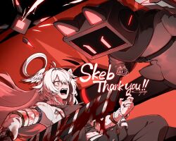 1boy 1girl black_pants black_shirt breasts commission e.g.o_(project_moon) halo head_wings highres holding holding_sword holding_weapon jacket justitia_(e.g.o) knee_up large_breasts lobotomy_corporation long_hair monitor open_mouth original pants project_moon robot screaming shirt skeb_commission sword very_long_hair weapon white_hair white_jacket wide-eyed wings yatsumeunagi