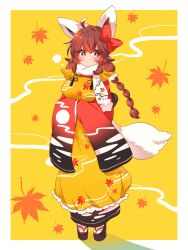1girl ahoge animal_ears apron autumn_leaves blush border bow braid breasts brown_eyes brown_hair chinese_knot cloud_print frilled_apron frills full_body hair_bow highres japanese_clothes kimono leaf leaf_print long_hair long_sleeves looking_at_viewer medium_breasts moon_print okobo original outside_border own_hands_together platform_sandals pom_pom_(clothes) print_apron print_kimono red_bow red_kimono sandals scarf socks solo standing tabi tail tassel toconikky twin_braids white_border white_scarf white_socks wide_sleeves yellow_apron yellow_background