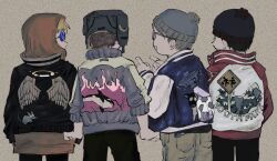 4boys abduction alternate_costume animal_print beanie black_hair black_jacket black_pants blonde_hair blue-tinted_eyewear blue_headwear blue_jacket brown_background brown_hair brown_pants clenched_hands commentary_request copyright_name covered_eyes covered_mouth cow cowboy_shot eric_cartman facing_away facing_to_the_side film_grain flame_print from_behind fur_hat grey_jacket hands_up hat highres hood hood_up hooded_jacket index_fingers_raised jacket kenny_mccormick kyle_broflovski layered_clothes long_sleeves male_focus mouse_(animal) multiple_boys open_mouth orange_jacket orca pants pedestrian_crossing_sign pom_pom_(clothes) red_jacket round_eyewear screentones sema_(vivaviva_02) three-quarter_sleeves smile south_park stan_marsh sukajan sunglasses tinted_eyewear ufo ushanka wing_print