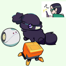1boy beanie black_hair conch_(gundam) dog glasses green_background gundam gundam_gquuuuuux haro hat highres holding holding_phone jezzi male_focus non-humanoid_robot phone pom_pom_(clothes) pom_pom_beanie pomeranian_(dog) robot short_hair simple_background take_(takegarou)
