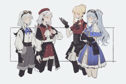 4girls arm_at_side arms_at_sides ascot asymmetrical_sidelocks aviator_goggles bang_dream! bang_dream!_it&#039;s_mygo!!!!! belt belt_buckle beret black_ascot black_belt black_capelet black_collar black_corset black_gloves black_overskirt black_sleeve_cuffs black_straps black_wrist_cuffs blonde_hair blue_brooch blue_dress blue_hair blue_ribbon blunt_bangs brown_eyes buckle buttons capelet character_request check_character check_copyright chinese_commentary closed_mouth collar collared_dress commentary_request copyright_request corset cosplay costume_switch cropped_legs cross-laced_clothes cross-laced_corset crossed_arms crossover die_(die0118) dress elbow_gloves emma_(kouya_no_kotobuki_hikoutai) emma_(kouya_no_kotobuki_hikoutai)_(cosplay) eyewear_on_head facing_another frilled_collar frilled_corset frilled_dress frilled_gloves frilled_wrist_cuffs frills gloves goggles green_brooch green_hair grey_hair grey_shorts grey_skirt hair_bun hair_ornament hair_scrunchie hairpin hand_up hands_on_own_arms hat high_ponytail highres kate_(kouya_no_kotobuki_hikoutai) kate_(kouya_no_kotobuki_hikoutai)_(cosplay) kouya_no_kotobuki_hikoutai layered_dress light_smile long_hair long_sidelocks long_sleeves looking_at_another low_ponytail mortis_(bang_dream!) mortis_(costume)_(bang_dream!) multiple_girls neck_ribbon oblivionis_(bang_dream!) off-shoulder_dress off_shoulder open_mouth pantyhose parted_bangs partially_fingerless_gloves pocket polka_dot_shadow ponytail puffy_long_sleeves puffy_short_sleeves puffy_sleeves red_capelet red_hat red_shirt red_shorts ribbon scrunchie shirt short_sleeves shorts side-by-side sidelocks simple_background skirt standing togawa_sakiko togawa_sakiko_(cosplay) waist_bag wakaba_mutsumi wakaba_mutsumi_(cosplay) white_ascot white_background white_dress white_shirt wrist_cuffs yellow_eyes