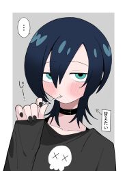 1girl aged_down aqua_eyes black_hair blush candy food gundam gundam_gquuuuuux highres holding holding_candy holding_food holding_lollipop jewelry lollipop long_sleeves looking_at_viewer nail_polish necklace sabi1234 shirt short_hair tamaki_yuzuriha
