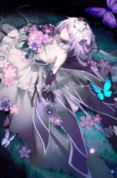 1girl absurdres arm_support bare_shoulders black_tiara blue_butterfly bug butterfly castorice_(honkai:_star_rail) closed_mouth commentary dress elbow_gloves flower gloves highres honkai:_star_rail honkai_(series) insect long_hair looking_at_viewer night outdoors pantyhose pointy_ears purple_butterfly purple_eyes purple_gloves purple_hair qinglan1044 solo symbol-only_commentary tiara white_dress white_pantyhose