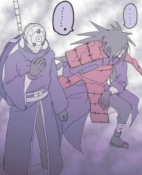 Rule 34 | 1boy, gloves, gunbai, hand on own chest, long hair, looking ahead, masked, naruto (classic), naruto (series), naruto shippuuden, nervous sweating, non-web source, relief, rinnegan, sharingan, speech bubble, spiked hair, strap, sweat, uchiha madara, uchiha obito, uchiha robe, very long hair, war fan