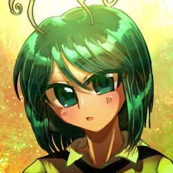 1girl antennae blush collared_shirt commentary_request expressionless green_eyes green_hair highres looking_at_viewer open_mouth portrait shippuu_jinnari shirt short_hair solo touhou upper_body white_shirt wriggle_nightbug yellow_background