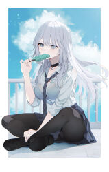 1girl absurdres between_breasts between_legs black_boots black_bra black_pantyhose blue_skirt blue_sky boots bra bra_visible_through_clothes breasts cloud cloudy_sky collarbone crossed_legs food food_in_mouth full_body grey_eyes grey_hair hair_between_eyes hand_between_legs highres holding holding_food holding_popsicle jewelry kake_udon long_hair long_sleeves looking_at_viewer medium_breasts miniskirt necklace necktie necktie_between_breasts on_rooftop original outdoors panties panties_under_pantyhose pantyhose pantyshot pleated_skirt popsicle popsicle_in_mouth railing rooftop sailor_collar school_uniform see-through_clothes see-through_shirt shadow shirt sitting skirt sky solo striped_necktie sweat thighs underwear wet wet_clothes wet_shirt white_shirt