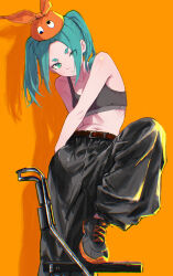 Rule 34 | 1girl, aqua eyes, aqua hair, belt, black pants, breasts, chair, expressionless, googly eyes, hat, highres, looking at viewer, medium hair, monogatari (series), navel, no shirt, ononoki yotsugi, orange background, pants, rhinth, shoes, small breasts, sneakers, solo, sports bra, thick eyebrows, twintails