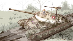 Rule 34 | 1girl, absurdres, cannon, grass, gun, highres, is-7, kana anaberal, machine gun, military vehicle, motor vehicle, pzgr.40, road sign, sign, solo, stop sign, tank, touhou, touhou (pc-98), vehicle focus, weapon