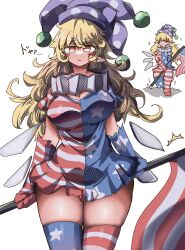 1girl :3 alternate_breast_size alternate_costume american_flag american_flag_dress american_flag_legwear american_flag_print blonde_hair blush breasts check_commentary clownpiece commentary commentary_request detached_sleeves eye20806972 fairy_wings flag flag_print hat highres holding holding_flag jester_cap large_breasts long_hair long_sleeves looking_at_viewer multiple_views neck_ruff pointy_ears polka_dot red_eyes simple_background smile star_(symbol) star_print thighs touhou white_background wings