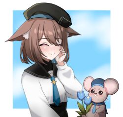 1girl ^_^ animal_ear_fluff animal_ears beret black_hat black_sailor_collar black_undershirt blue_background blue_flower blue_hair blue_necktie blush border brooch brown_hair cat_ears cat_girl cats_in_abox closed_eyes colored_inner_hair commentary cropped_shirt ears_down english_commentary flower flower_request hand_on_own_cheek hand_on_own_face happy hat highres indie_virtual_youtuber jewelry long_sleeves michiyo_mao mouse_(animal) multicolored_hair necktie octagram outside_border puffy_long_sleeves puffy_sleeves sailor_collar school_uniform serafuku short_hair sky smile split_mouth star_brooch upper_body virtual_youtuber white_border white_serafuku