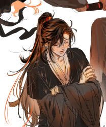 Rule 34 | 1boy, absurdres, ahoge, black hair, black hanfu, blush, brown hair, chinese clothes, closed eyes, closed mouth, collarbone, crossed arms, hair ribbon, hanfu, high ponytail, highres, korean commentary, light particles, long hair, long sleeves, male focus, modao zushi, multiple views, niken (niken ouo), out of frame, ponytail, red ribbon, ribbon, robe, sidelocks, simple background, solo, standing, very long hair, wei wuxian, white background, wide sleeves