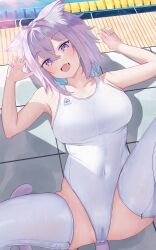 1girl :3 :d absurdres ahoge alternate_costume animal_ear_fluff animal_ears aqua_hair breasts cameltoe cat_ears cat_tail claw_pose colored_inner_hair commentary covered_navel crossed_bangs double-parted_bangs fang hair_between_eyes highleg highleg_one-piece_swimsuit highres hololive large_breasts looking_at_viewer lying messy_hair multicolored_hair nail_polish nekomata_okayu on_back one-piece_swimsuit open_mouth pool poolside purple_eyes purple_hair purple_nails red_o7 short_hair smile solo swimsuit tail thighhighs tile_floor tiles virtual_youtuber wet white_one-piece_swimsuit white_thighhighs