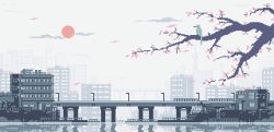 animated animated_gif bird bridge building cherry cherry_blossoms city cityscape cloud cloudy_sky commentary english_commentary falling_leaves fog food fruit grey_sky japan ladder lamppost leaf lennsan no_humans original overcast red_sun reflection scenery sky skyscraper smoke spire stairs train tree water