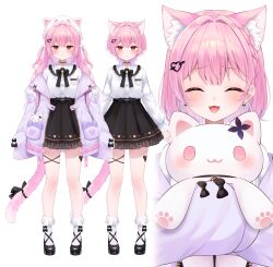 1girl :3 ^_^ absurdres animal_hat arm_bow black_bow black_bowtie black_ribbon black_skirt blush bow bow_legwear bowtie cat_hat cat_tail closed_eyes closed_mouth fang hair_ornament hat heart heart-shaped_hair heart_hair_ornament heart_tattoo highres holding holding_stuffed_toy indie_virtual_youtuber jacket leg_tattoo long_hair long_sleeves mary_janes medium_hair mikeneko_(vtuber) mikeneko_(vtuber)_(5th_costume) official_art open_clothes open_jacket open_mouth pink_eyes pink_hair pink_jacket pink_tail pocket purple_bow ribbon rucaco shirt shoes simple_background skirt sleeves_past_fingers sleeves_past_wrists smile socks stuffed_animal stuffed_cat stuffed_toy tail tail_ornament tail_ribbon tattoo thigh_strap thighs two_side_up virtual_youtuber white_background white_hat white_shirt white_socks