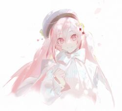 bloom bow bowler_hat bowtie cherry_hair_ornament clenched_hand commentary cropped_torso dappled_sunlight falling_petals food-themed_hair_ornament hair_ornament hat hatsune_miku highres jacket lapels long_hair looking_at_viewer official_alternate_costume petals pink_eyes pink_hair sakura_miku sakura_miku_(rella) shirt smile sunlight symbol-only_commentary twintails upper_body very_long_hair vocaloid white_background white_bow white_bowtie white_hat white_jacket white_shirt yyb