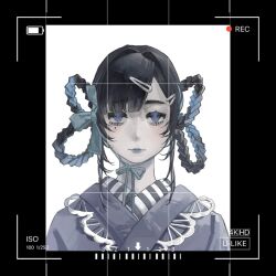 Rule 34 | 1girl, ado (utaite), aegyo sal, battery indicator, black hair, blue eyes, blue kimono, blue lips, braid, braided hair rings, chando (ado), commentary, hair ornament, hair rings, hairclip, hashtag-only commentary, highres, htt hatuotuo, japanese clothes, kimono, looking at viewer, mole, mole under eye, procreate (medium), recording, solo, upper body, utaite, viewfinder, white background