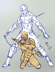 2boys 50yen_(gojiue) cyborg dual_persona face_mask gray_fox mask metal_gear_(series) metal_gear_solid metal_gear_solid:_portable_ops multiple_boys null_(metal_gear) sword weapon