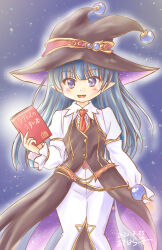 Rule 34 | 1girl, akihara ryou, black hair, book, flat chest, hat, holding, holding book, iris mysteria!, long hair, naja (iris mysteria!), necktie, pointy ears, purple hair, witch hat