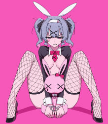Rule 34 | 1girl, absurdres, animal ears, annoyed, blue eyes, blue hair, bound, bound wrists, breasts, channel (caststation), clenched teeth, commentary, convenient censoring, cuffs, fishnet thighhighs, fishnets, full body, hair ornament, hairband, hairclip, handcuffs, hatsune miku, high heels, highres, knees up, leotard, looking at viewer, medium breasts, meme attire, necktie, pink background, playboy bunny, rabbit ears, rabbit hole (vocaloid), reverse bunnysuit, reverse outfit, short twintails, shrug (clothing), simple background, sitting, solo, spread legs, straight-on, stuffed animal, stuffed rabbit, stuffed toy, sweatdrop, teardrop facial mark, teeth, thighhighs, tsundere, twintails, vocaloid, x hair ornament