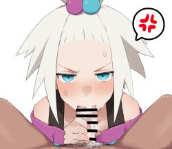1boy 1girl absurdres anger_vein aqua_eyes bar_censor bare_shoulders blush censored commentary_request cum cum_in_mouth cum_overflow fellatio hair_bobbles hair_ornament hetero highres konro_(fztc3774) male_pubic_hair nintendo off-shoulder_shirt off_shoulder oral penis pokemon pokemon_bw2 pubic_hair roxie_(pokemon) shirt simple_background solo_focus spoken_anger_vein sweat topknot white_background white_hair