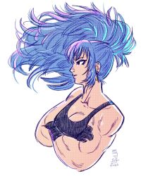 1girl arms_up blue_eyes blue_hair breasts cleavage crossed_arms curvy earrings female_focus highres jaliet_exe jewelry large_breasts leona_heidern long_hair military muscular pale_skin ponytail tank_top the_king_of_fighters toned toned_female