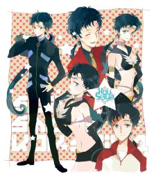 1990s_(style) 1boy 1girl bag bishoujo_senshi_sailor_moon bishoujo_senshi_sailor_moon_sailor_stars bishoujo_senshi_sailor_moon_stars black_gloves black_hair camelot casual character_name dual_persona elbow_gloves formal_clothes full_body gakuran genderswap genderswap_(ftm) gloves kou_seiya long_hair necktie ponytail profile retro_artstyle sailor_star_fighter school_bag school_uniform seiya_kou star_(symbol) star_symbol_background suit
