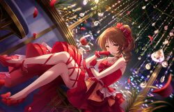 brown_hair candle cityscape crossed_legs cup dress drill_hair drinking_glass game_cg gloves high_heels idolmaster idolmaster_cinderella_girls idolmaster_cinderella_girls_starlight_stage leaf official_art red_dress red_gloves side_ponytail sitting stool takamori_aiko wine_glass yellow_eyes