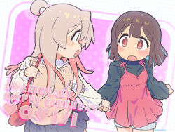 Rule 34 | 2girls, :d, ahoge, artist name, bag, black shirt, black skirt, blue hair, blunt bangs, blunt ends, blush, brown eyes, brown hair, character name, colored inner hair, commentary request, dress, grey hair, happy birthday, heart, highres, holding hands, hozuki momiji, long hair, long sleeves, looking at another, matado (almukha), multicolored hair, multiple girls, onii-chan wa oshimai!, open mouth, oyama mahiro, pinafore dress, pink background, pink hair, pleated skirt, red dress, shirt, short hair, short shorts, shorts, shoulder bag, simple background, skirt, sleeveless, sleeveless dress, smile, sparkle background, star (symbol), twitter username, two-tone hair, vest, white shirt, yellow vest