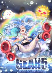 1girl absurdres blue_hair closed_eyes earrings fingernails highres hololive hololive_indonesia jewelry kobo_kanaeru long_hair multicolored_hair open_mouth parody scene_reference smile stomach twitter_username virtual_youtuber water_drop zoru_pines