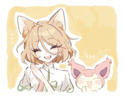 1girl animal_ear_fluff animal_ears blonde_hair blush closed_eyes crossover facing_viewer fox_ears gen_3_pokemon green_ribbon highres kudamaki_tsukasa nintendo open_mouth pokemon pokemon_(creature) ribbon romper short_hair skitty smile springarashi02 touhou white_romper