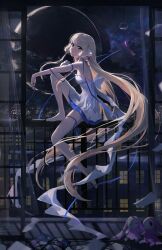 1girl absurdres balcony barefoot blonde_hair blue_ribbon chii chobits city_lights cityscape cloud crescent_moon dress from_side full_body hair_spread_out highres light_particles long_hair looking_at_viewer meltyrice moon night night_sky paper ribbon robot_ears shooting_star short_dress sitting sky smile solo star_(sky) starry_sky very_long_hair white_ribbon wind_chime yellow_eyes