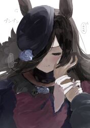 1girl absurdres animal_ears black_hair blush guided_hand_on_cheek hair_ornament hair_over_one_eye hand_on_another&#039;s_cheek hand_on_another&#039;s_face hat highres holding_hands horse_ears horse_girl looking_at_viewer partially_translated portrait pout pov pov_hands purple_eyes rice_shower_(umamusume) simple_background takinii translation_request umamusume white_background
