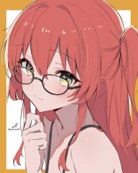 1girl :3 absurdres black-framed_eyewear blush bocchi_the_rock! border closed_mouth commentary glasses green_eyes hair_between_eyes highres kita_ikuyo looking_at_viewer minusk9 one_eye_closed orange_border outside_border red_hair solo spaghetti_strap upper_body