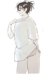 Rule 34 | alternate costume, alternate muscle size, ambiguous gender, black hair, choso (jujutsu kaisen), cowboy shot, facial mark, highres, jujutsu kaisen, mu kmijj, oversized clothes, oversized shirt, shirt, short hair, short shorts, short twintails, shorts, simple background, solo, twintails, white background, white shirt