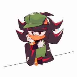 1boy animal_ears animal_nose apron artist_name closed_mouth commentary dexter308917 furry furry_male gloves green_apron green_hat half-closed_eyes hat head_rest highres male_focus official_alternate_costume red_eyes shadow_the_hedgehog simple_background solo sonic_(series) the_murder_of_sonic_the_hedgehog upper_body white_background white_gloves