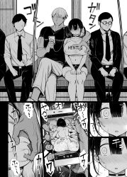1girl 3boys absurdres arm_around_shoulder blush breasts center-flap_bangs choker commentary covered_erect_nipples crop_top cropped_shirt crossed_legs dark-skinned_male dark_skin doggystyle earphones faceless faceless_male feet_out_of_frame grabbing_another&#039;s_breast grabbing_from_behind greatmosu greyscale groping hands_on_lap heart heart_o-ring heart_ring_choker hetero highres jewelry large_breasts looking_to_the_side midriff monochrome multiple_boys muscular muscular_male navel necklace necktie nipple_stimulation nipple_tweak nipple_tweak_through_clothes o-ring o-ring_choker open_mouth original pants pornography public_indecency sex_from_behind shared_earphones shirt short_hair short_shorts short_sleeves shorts sitting sound_effects sugoi_dekai sweatdrop thighhighs train_interior translated twintails wide-eyed zettai_ryouiki