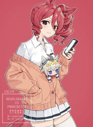1girl animal_ears artist_name black_eyes blush cardigan character_doll collared_shirt commentary_request cowboy_shot ctd_114 doll drill_hair drill_ponytail hand_in_pocket highres horse_ears horse_girl horse_tail long_sleeves looking_at_viewer norn_ace_(umamusume) off_shoulder oguri_cap_(umamusume) orange_cardigan outline parted_lips pleated_skirt shirt short_hair side_ponytail simple_background skirt solo tail thighhighs umamusume watermark white_outline white_shirt white_skirt white_thighhighs