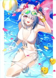 1girl au_ra ball bare_shoulders beachball bikini bow bracelet breasts double_bun dragon_girl dragon_horns dragon_tail eyewear_on_head final_fantasy final_fantasy_xiv front-tie_bikini_top front-tie_top hair_bow hair_bun hair_ornament highres horns innertube jewelry long_hair looking_at_viewer motsuni_(lxxe1120) multiple_rings navel o-ring o-ring_bikini o-ring_bottom partially_submerged red_eyes ring rubber_duck scales solo stomach swim_ring swimsuit tail v warrior_of_light_(ff14) white_bikini white_hair