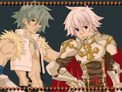 Rule 34 | 2boys, alternate eye color, armor, blue gloves, breastplate, brown shirt, brown tabard, cape, chainmail, closed mouth, commentary request, cross, cross of prontera, elbow gloves, expressionless, fur-trimmed shirt, fur trim, gauntlets, gloves, green background, green hair, hair between eyes, howard alt-eisen, jewelry, john (strike-shank), looking at viewer, lord knight (ragnarok online), male focus, multiple boys, navel, necklace, open clothes, open shirt, pauldrons, purple eyes, ragnarok online, red cape, seyren windsor, shirt, short hair, shoulder armor, sleeveless, sleeveless shirt, smile, tabard, upper body, white hair, white shirt, whitesmith (ragnarok online), yellow eyes