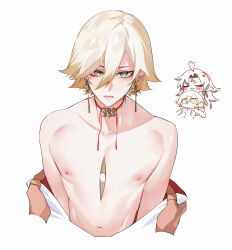 2boys absurdres ahoge asura_(onmyoji) bishounen chibi choker earrings eyeliner green_eyes heart heart_ahoge highres jewelry konsai_2 light_blush looking_at_viewer makeup male_focus multiple_boys nipples onmyoji pov pov_hands red_eyeliner short_hair simple_background skinny solo_focus taishakuten_(onmyoji) undressing_another white_background white_hair