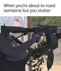 1girl absurdres aiming breasts commentary drum_magazine english_text finger_on_trigger from_side girls&#039;_frontline gun gun_malfunction highres holding holding_gun holding_weapon light_machine_gun machine_gun magazine_(weapon) medium_hair meme photo_background purple_eyes rifle_cartridge rpk-16 rpk-16_(girls&#039;_frontline) solo symbol-only_commentary upper_body variasii weapon white_hair