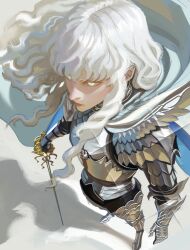 1boy absurdres androgynous armor berserk breastplate cape foreshortening from_above full_body griffith_(berserk) highres long_hair maskoo185826 perspective planted planted_sword planted_weapon shoulder_armor simple_background solo sword wavy_hair weapon white_cape white_hair
