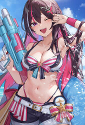 1girl azki_(hololive) belt bikini blue_sky blush breasts cloud cloudy_sky collarbone day highres holding holding_water_gun hololive kaguya_(srx61800) large_breasts long_hair looking_at_viewer mole mole_under_eye multicolored_hair navel one_eye_closed open_mouth outdoors pink_hair purple_shorts shorts sky smile solo stomach streaked_hair swimsuit virtual_youtuber water_gun white_belt white_bikini