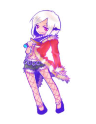 1girl akanegusa black_shoes black_shorts black_wings closed_mouth coat commentary_request dagger fishnet_pantyhose fishnets full_body fur-trimmed_coat fur-trimmed_shorts fur_trim head_wings holding holding_dagger holding_knife holding_weapon knife long_sleeves looking_at_viewer lowres pantyhose purple_eyes ragnarok_online red_coat red_eyes rogue_(ragnarok_online) shoes short_hair short_shorts shorts simple_background smile solo standing weapon white_background white_hair wings