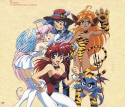 1990s_(style) adjusting_another&#039;s_clothes adjusting_clothes adjusting_necktie angel angel_wings animal_ears animal_hands animal_print artist_request badge blonde_hair blue_eyes breasts cleavage clenched_hand comb_(popful_mail) earrings elf fake_halo fake_tail gaw_(popful_mail) gloves green_eyes halo hand_on_own_hip hat highres jewelry katyusha_(popful_mail) large_breasts leotard long_hair looking_at_viewer mail_(popful_mail) medium_breasts multiple_girls necktie non-web_source open_mouth page_number pantyhose paw_gloves pink_hair playboy_bunny pleated_skirt pointy_ears polearm popful_mail rabbit_ears red_eyes red_leotard retro_artstyle scan simple_background skirt smile strapless strapless_leotard tail tatto_(popful_mail) thighhighs tiger_print trident very_long_hair weapon white_pantyhose wings wrist_cuffs yellow_leotard