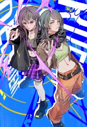 Rule 34 | 2girls, absurdres, arm around neck, bang dream!, bang dream! it&#039;s mygo!!!!!, belt, black belt, black hair, black shirt, black shoes, breasts, brown jacket, chinese commentary, choker, cleavage, commentary request, crop top, cropped shirt, earrings, glint, green eyes, green shirt, hero45439083942, highres, jacket, jewelry, long hair, medium breasts, medium hair, mole, mole under eye, mouth hold, multiple girls, navel, orange pants, pants, plaid clothes, plaid skirt, purple eyes, purple skirt, shiina taki, shirt, shoes, skirt, stomach, thigh strap, yahata umiri, yuri, zipper pull tab