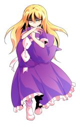 1girl alphes_(style) bare_arms blonde_hair bow closed_mouth commentary_request dairi defeat dress frilled_dress frills full_body hair_between_eyes hat hat_bow holding holding_unworn_clothes holding_unworn_hat kirisame_marisa kirisame_marisa_(pc-98) large_variant_set long_hair parody purple_dress purple_hat shaded_face short_sleeves socks solo standing style_parody tachi-e torn_clothes touhou touhou_(pc-98) transparent_background unworn_hat unworn_headwear v-shaped_eyebrows variant_set white_socks witch_hat yellow_eyes