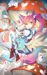 1girl ahoge alice_(alice_in_wonderland) alice_(alice_in_wonderland)_(cosplay) animal animal_ear_fluff animal_ears bad_source blue_dress cosplay dress feathered_wings fox_ears fox_girl fox_tail frilled_dress frills from_side full_body gradient_hair hair_between_eyes high_heels highres holding holding_animal indie_virtual_youtuber long_bangs long_hair long_sleeves looking_at_viewer multicolored_hair mushroom official_art open_mouth pantyhose pink_hair purple_eyes rabbit shirt sidelocks sleeves_past_wrists solo tail teapot teletha_(vtuber) twintails virtual_youtuber white_pantyhose white_shirt wings